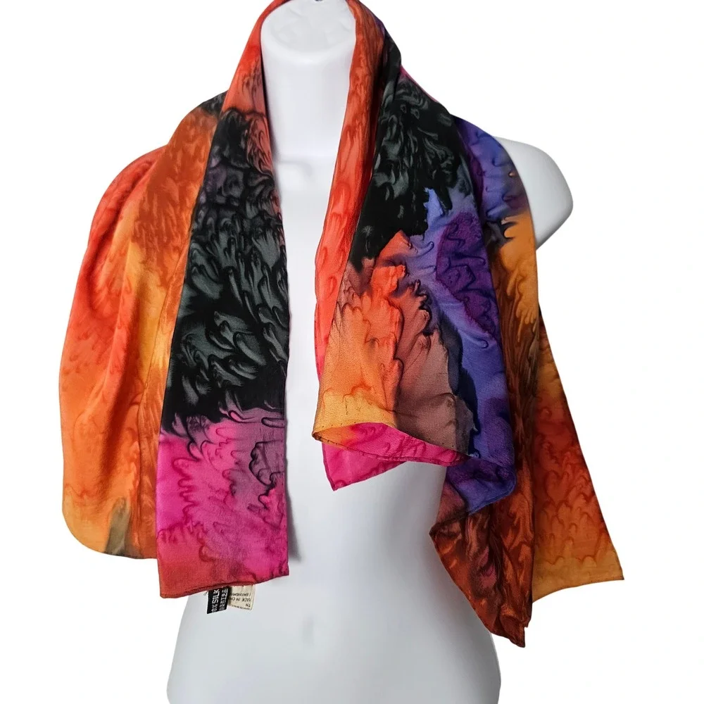 Shanghai Silk Scarf Women OS 100% Silk Multicolor Psychedelic Square VTG Boho‎